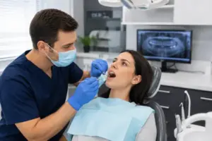 Dentist examining a patient's tooth for possible root canal treatment in Silver Spring MD
